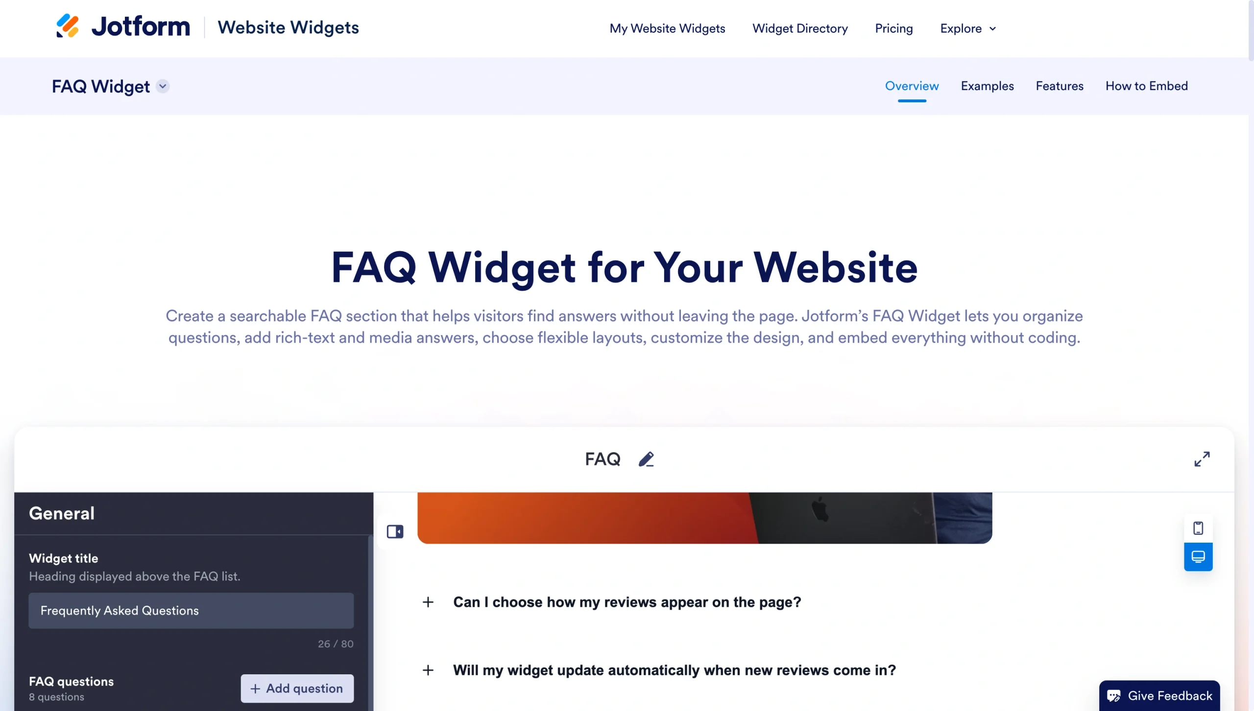 Jotform FAQ Widget page showing the widget builder and FAQ layout preview