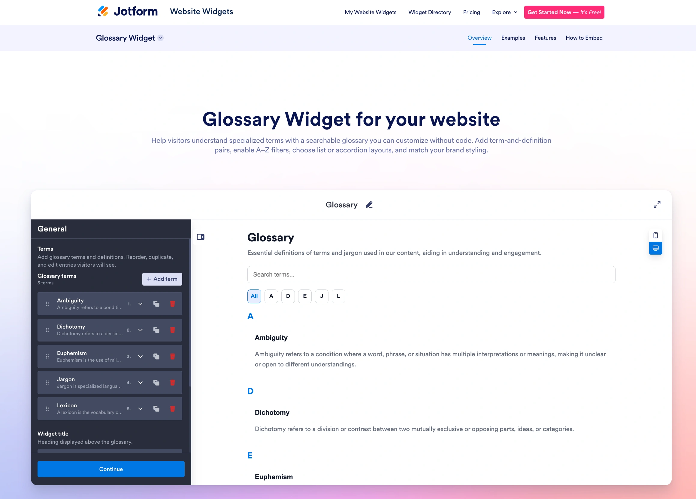 Screenshot of the Jotform Glossary Widget landing page