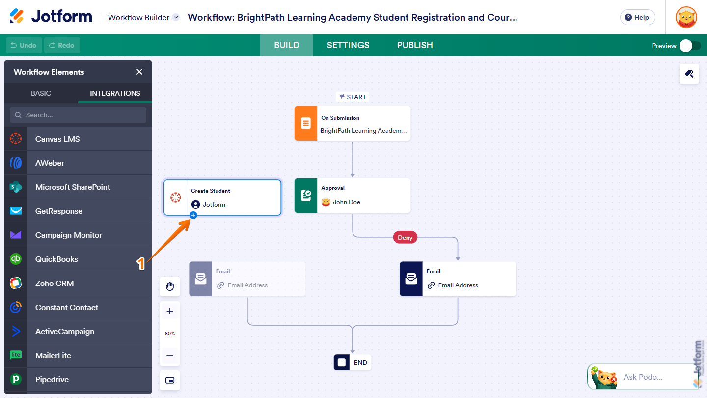 Plus icon around the edges of the Create Student element in Jotform Workflow Builder