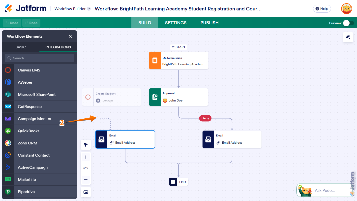 Flow line from the Create Student element to another workflow element in the Jotform Workflow Builder