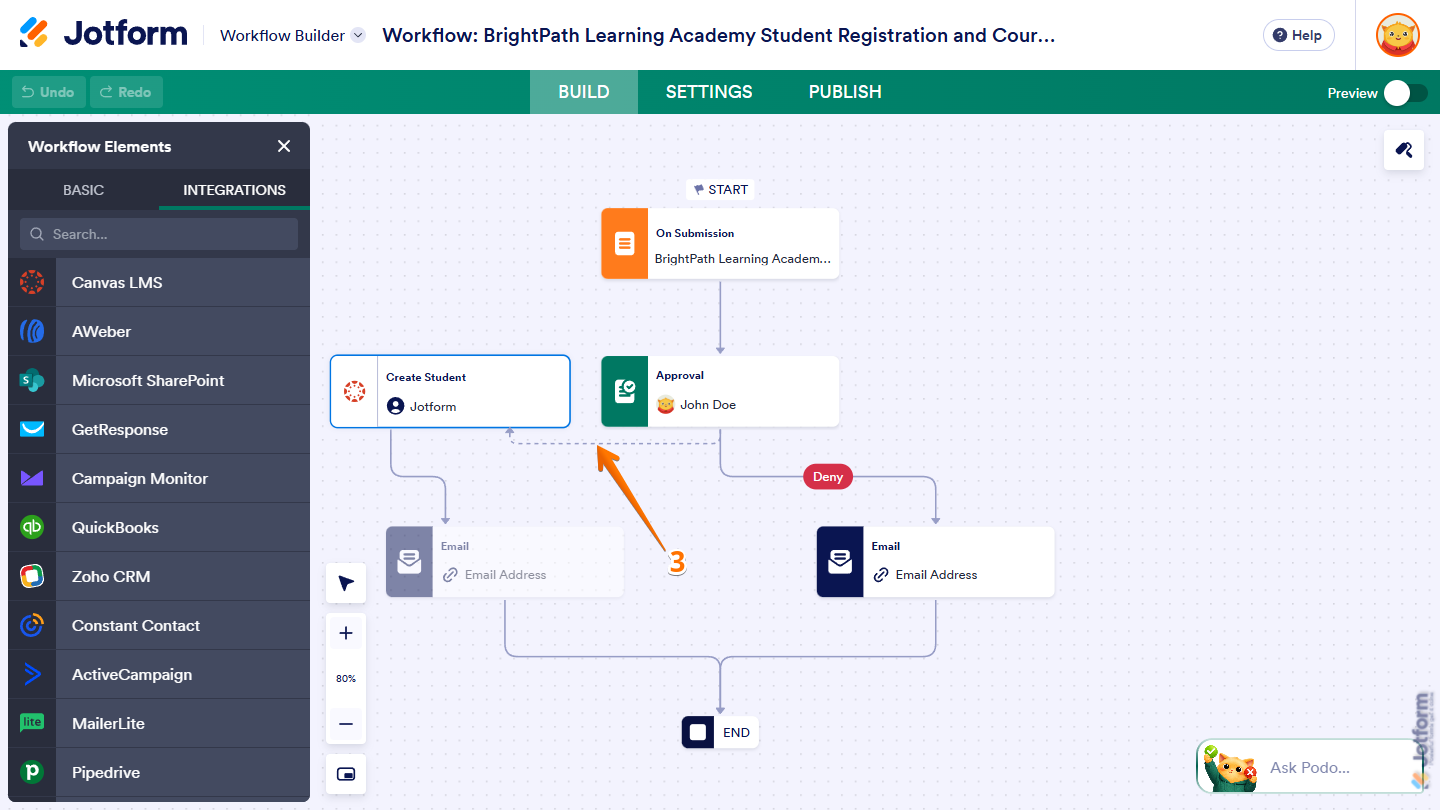 Flow line to the Create Student element from another workflow element in the Jotform Workflow Builder