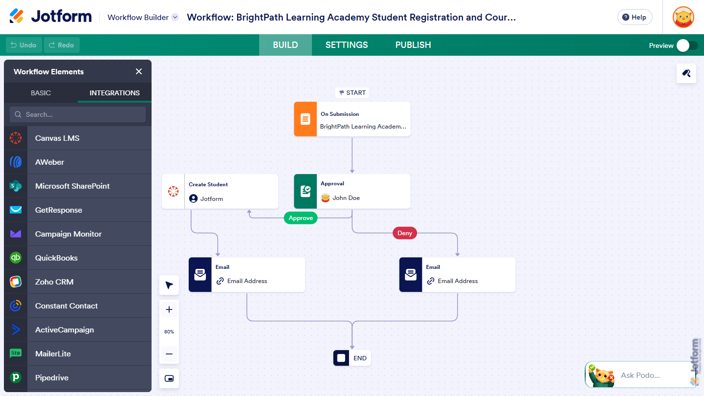 Connected Create Student element in the Jotform Workflow Builder