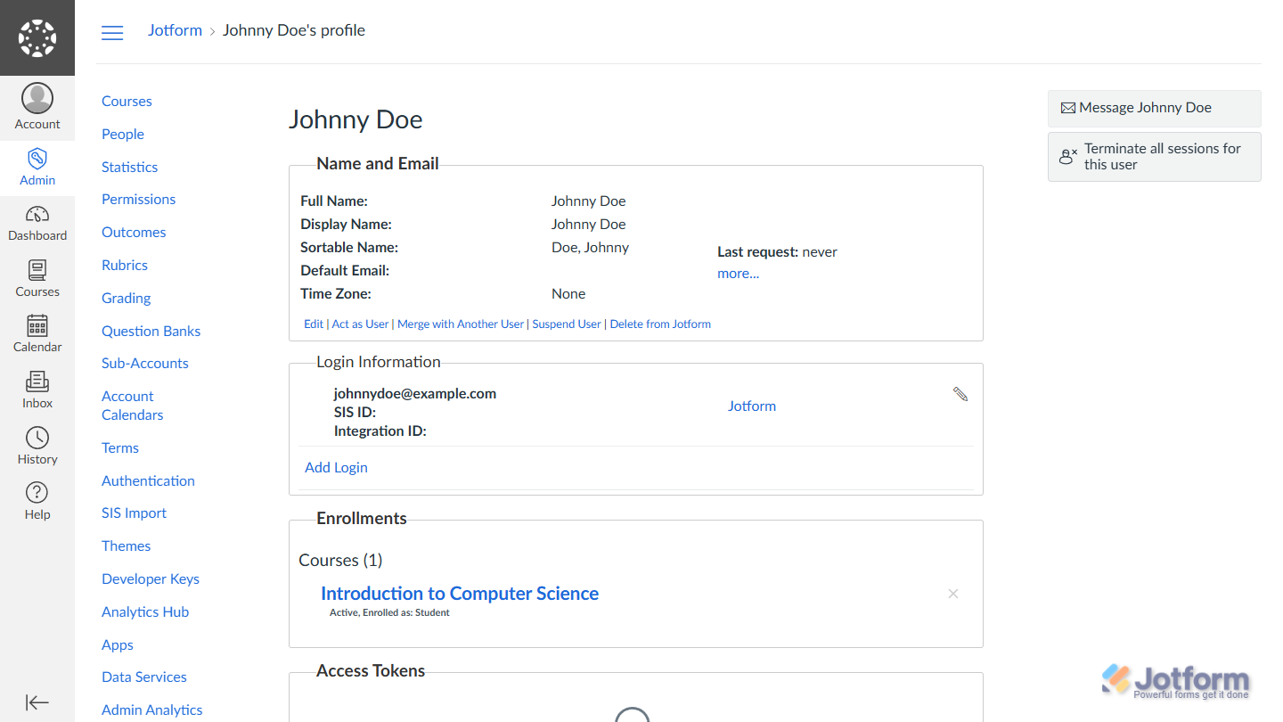 Example of a Student record enrolled in a course in Canvas with Jotform form submission through workflow