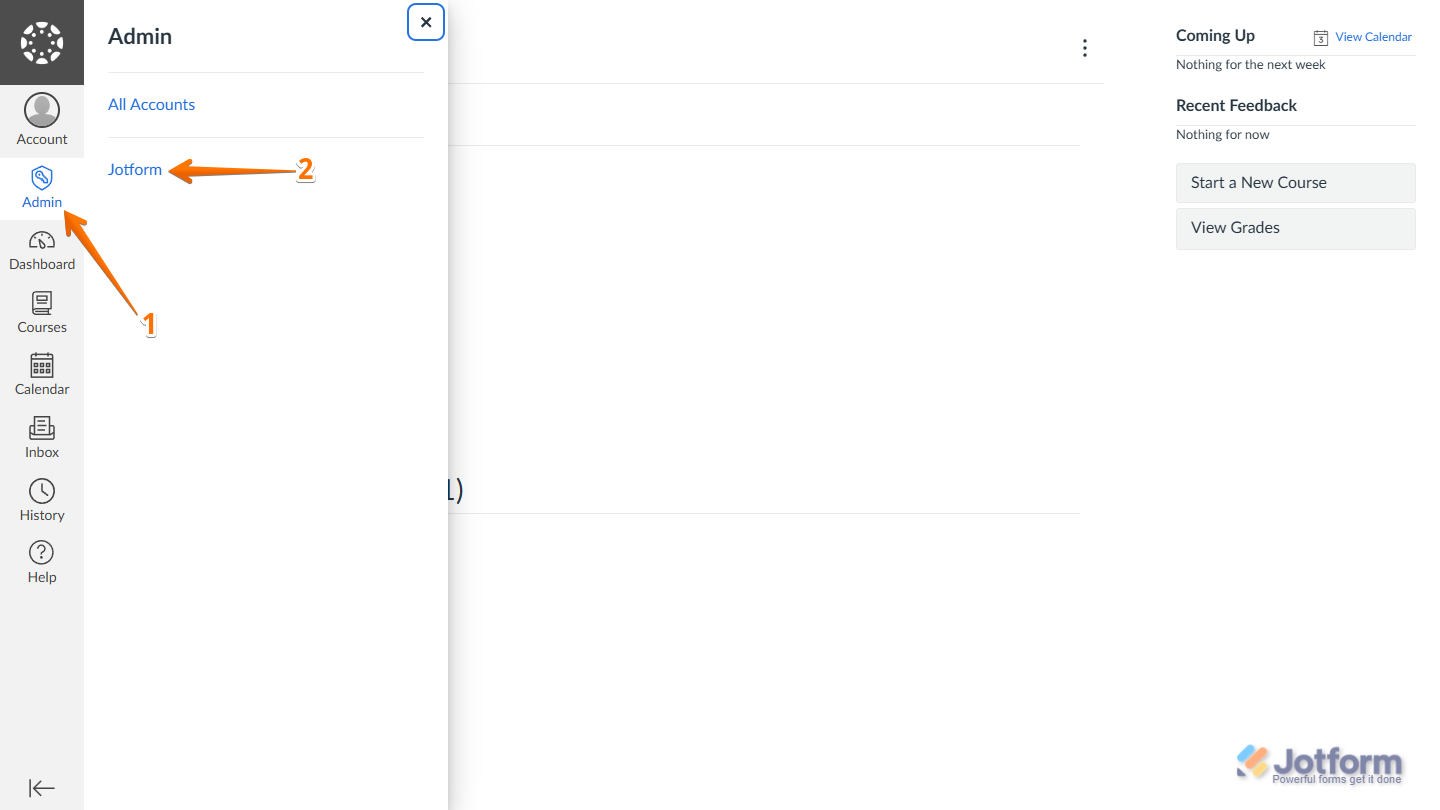 Account option in the Admin panel on the left side of the menu in Canvas Dashboard