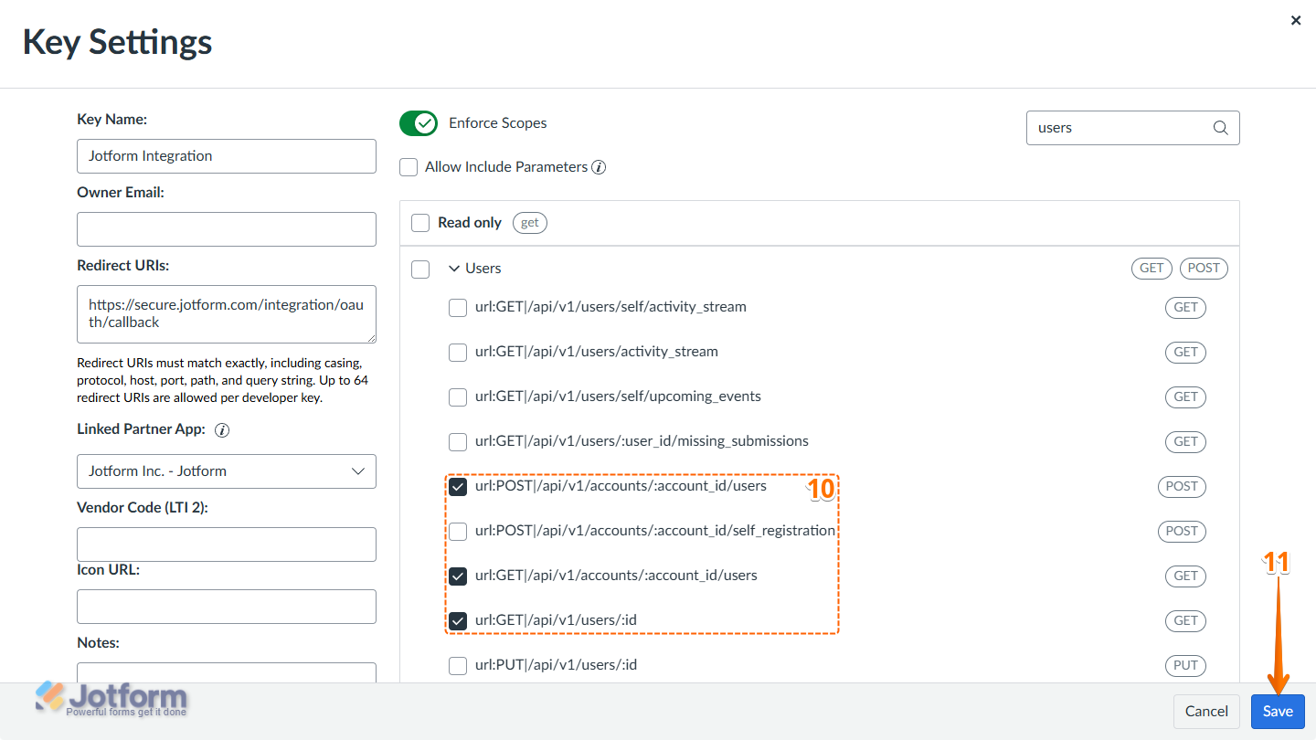 Checked parameters under the Users scope section in Key Settings of Developer Keys in Canvas