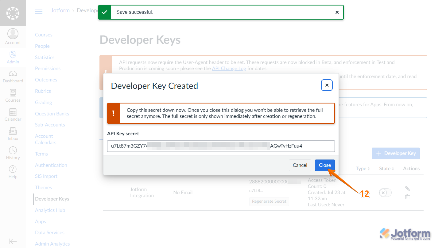 API Key Secret and Close button in the Developer Key Created window in the Developer Keys section in Canvas
