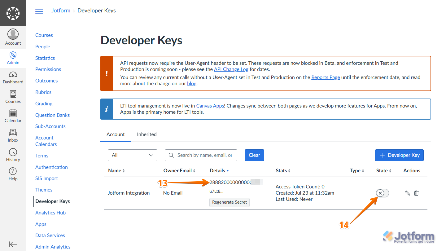 Client ID in the Details column and disabled toggle in the State column of the Account tab in the Developer Keys section in Canvas