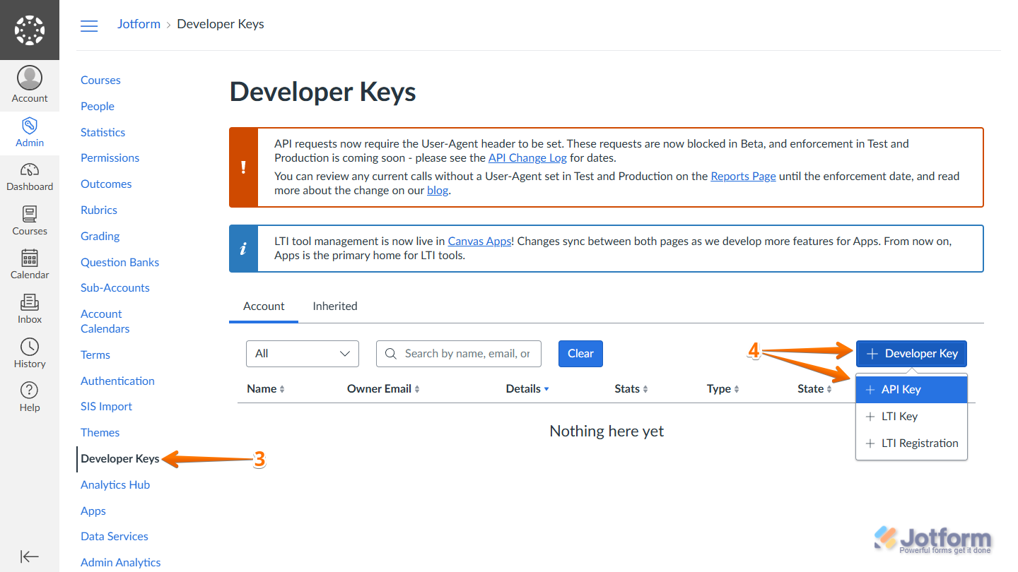 API Key option in the Developer key menu in the Developer Keys section in Canvas