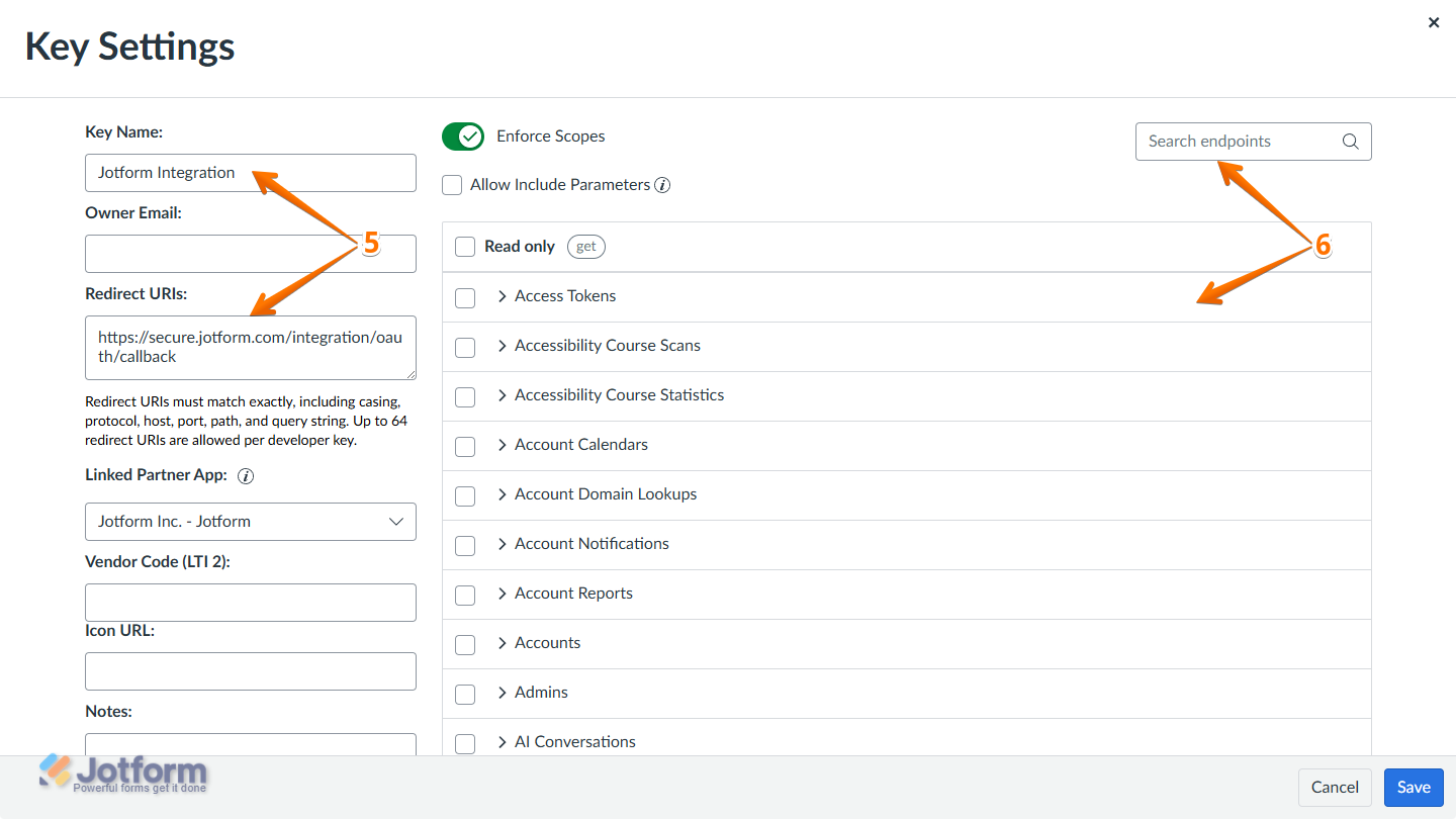 Key Name and Redirect URIs fields and Scope section in the Key Settings section of Developer Keys in Canvas