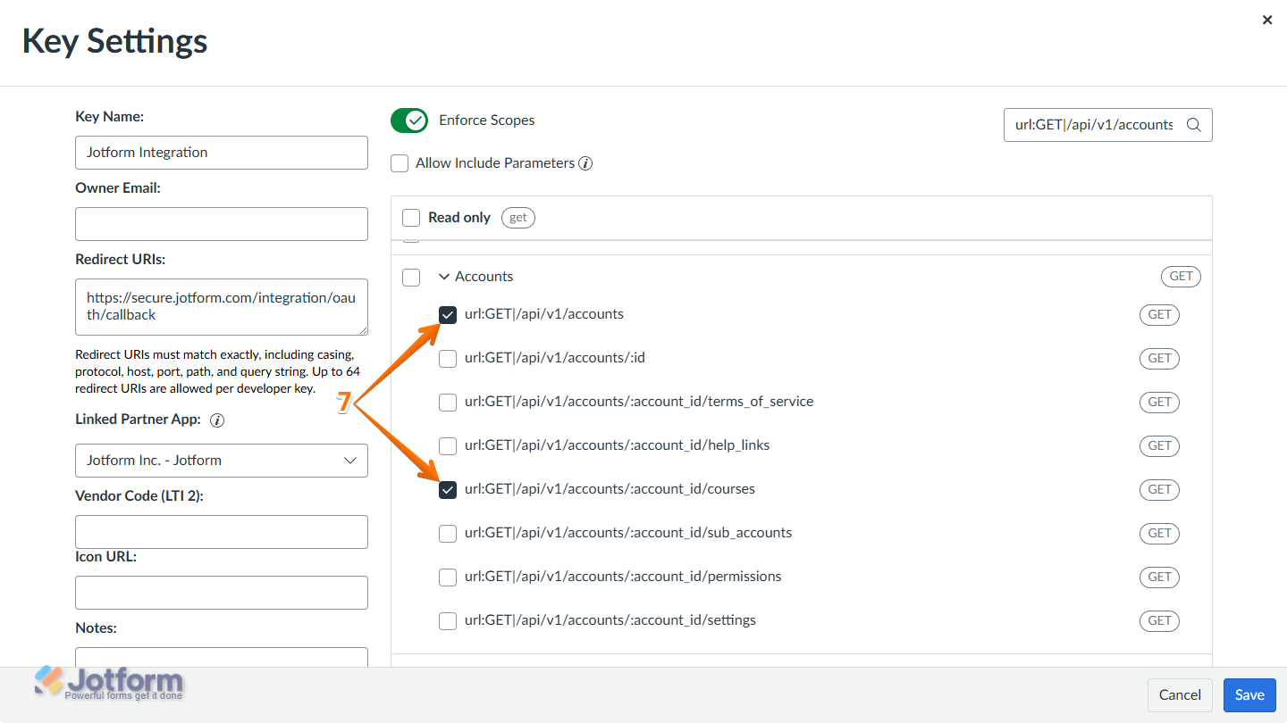 Checked parameters under the Accounts scope section in Key Settings of Developer Keys in Canvas