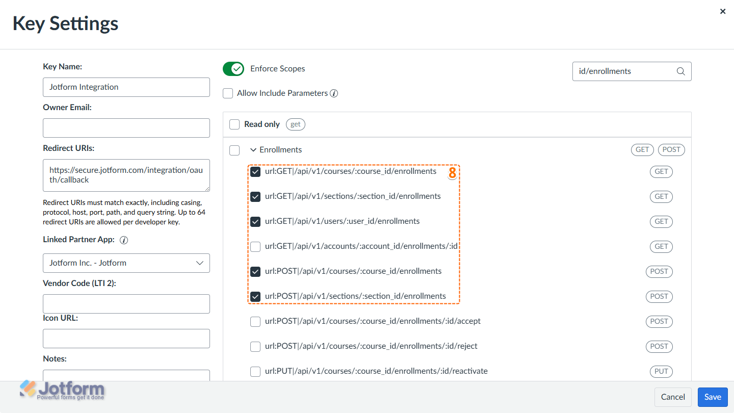 Checked parameters under the Enrollments scope section in Key Settings of Developer Keys in Canvas