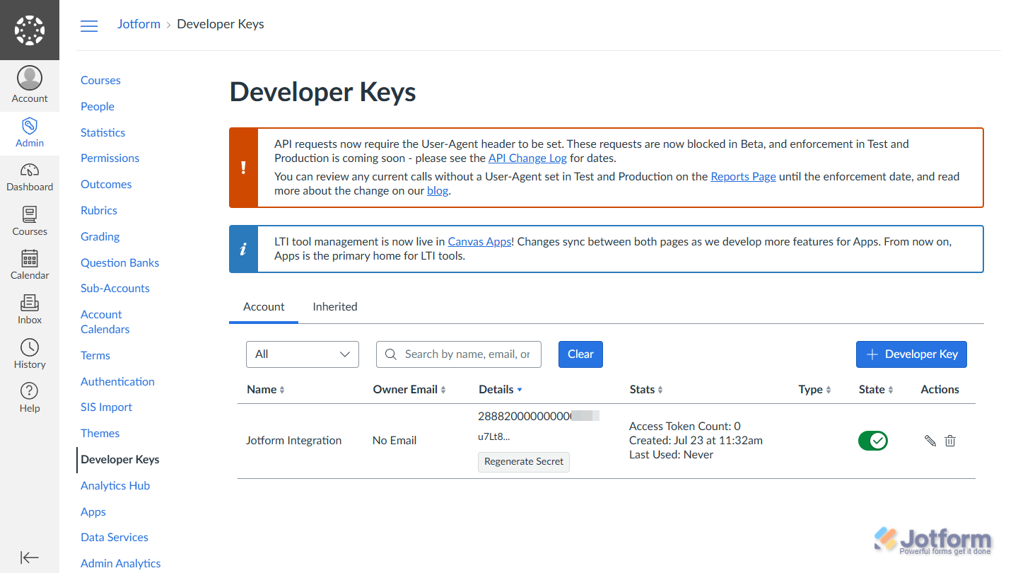 Developer key toggled on under the State column of the Account tab of the Developer Keys section in Canvas