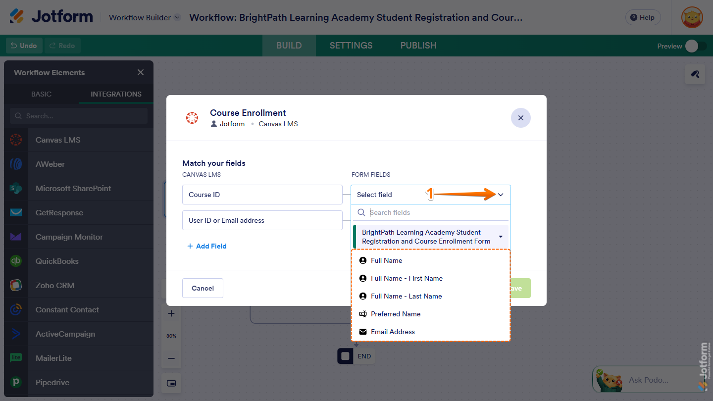 Default Dropdown menu in the Form Fields column under the Match Your Field section of the Course Enrollment window of Canvas LMS integration in Jotform Workflow Builder