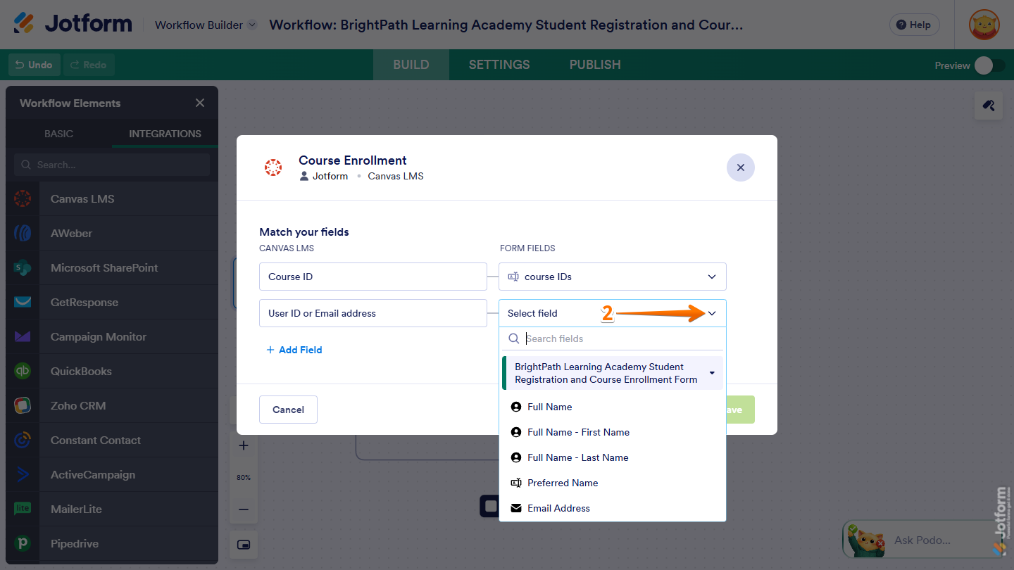 Another default Dropdown menu in the Canvas LMS column under the Match Your Field section of the Course Element window of Canvas LMS integration in Jotform Workflow Builder