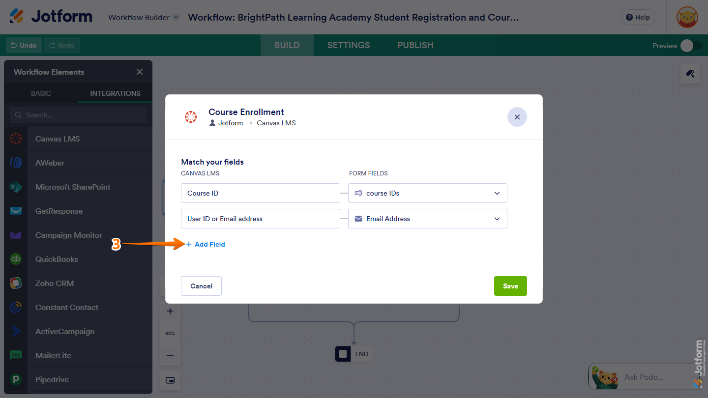 Add Field button of the Course Enrollment window of Canvas LMS integration in Jotform Workflow Builder