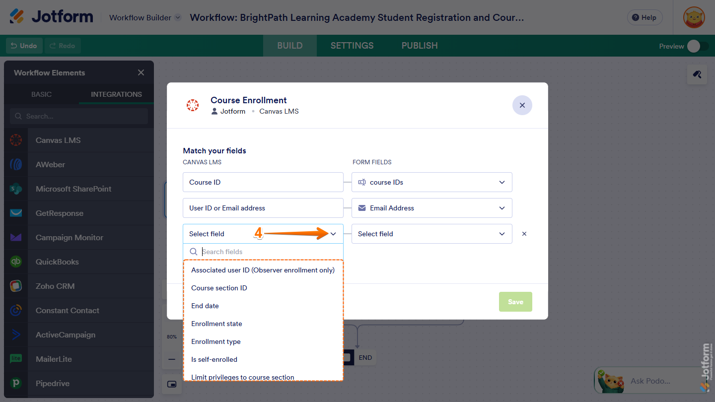 Additional Dropdown menu in the Canvas LMS column under the Match Your Field section of the Course Element window of Canvas LMS integration in Jotform Workflow Builder