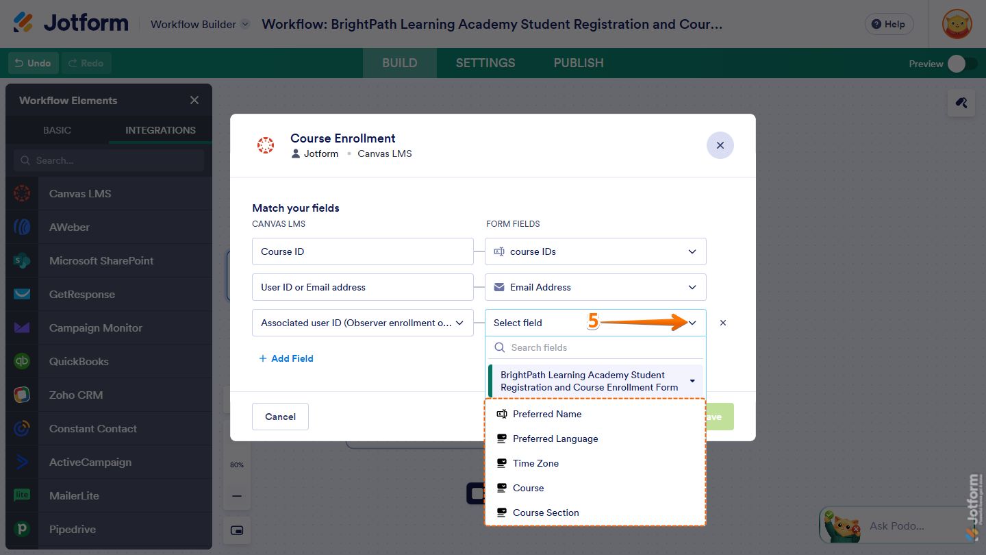 Additional Dropdown menu in the Form Fields column under the Match Your Field section of the Course Element window of Canvas LMS integration in Jotform Workflow Builder