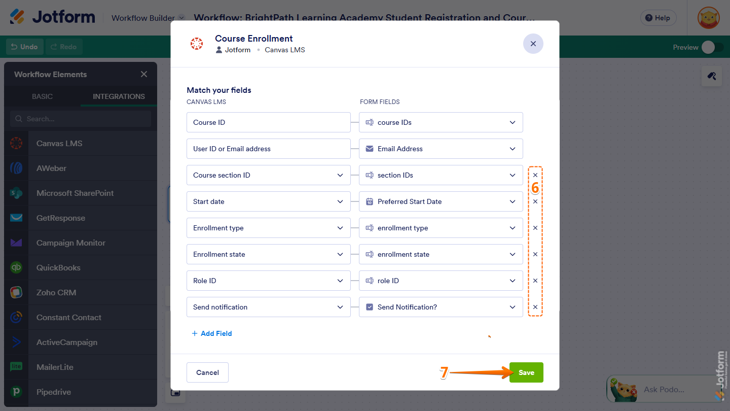 Delete Row buttons under the Match Your Field section of the Course Element window of Canvas LMS integration in Jotform Workflow Builder