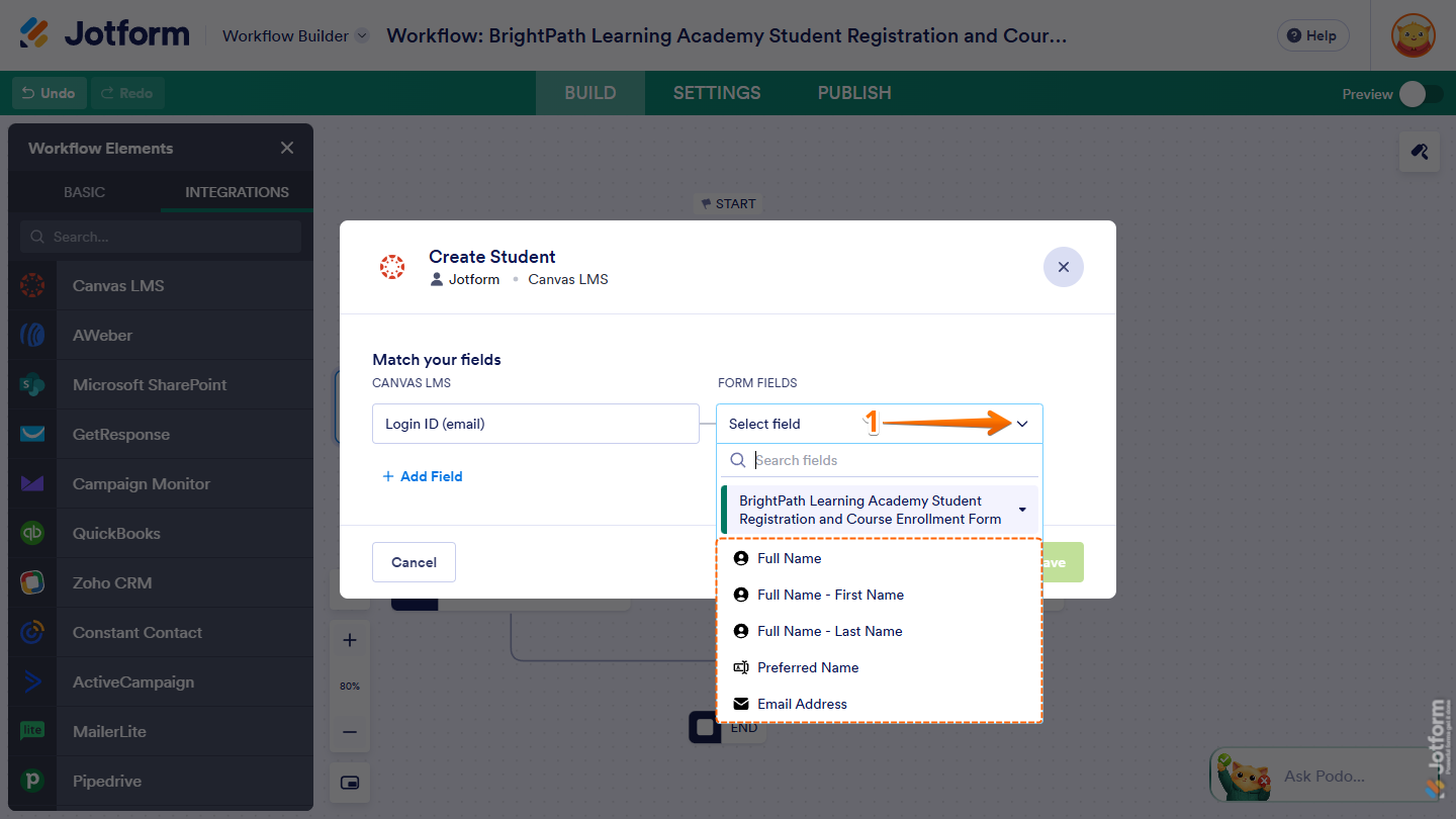 Default Dropdown menu in the Form Fields column under the Match Your Field section of the Create Student window of Canvas LMS integration in Jotform Workflow Builder