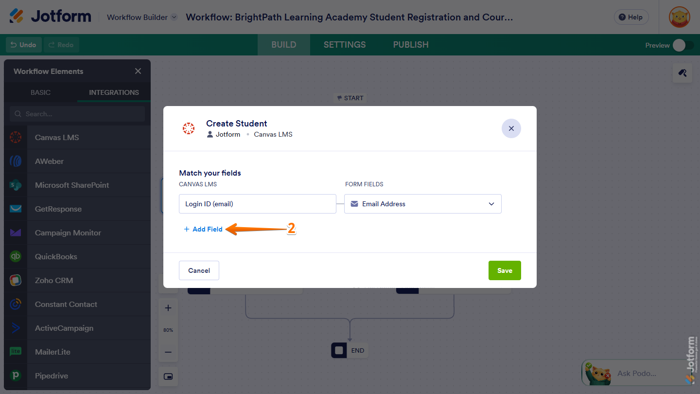 Add Field button of the Create Student window of Canvas LMS integration in Jotform Workflow Builder