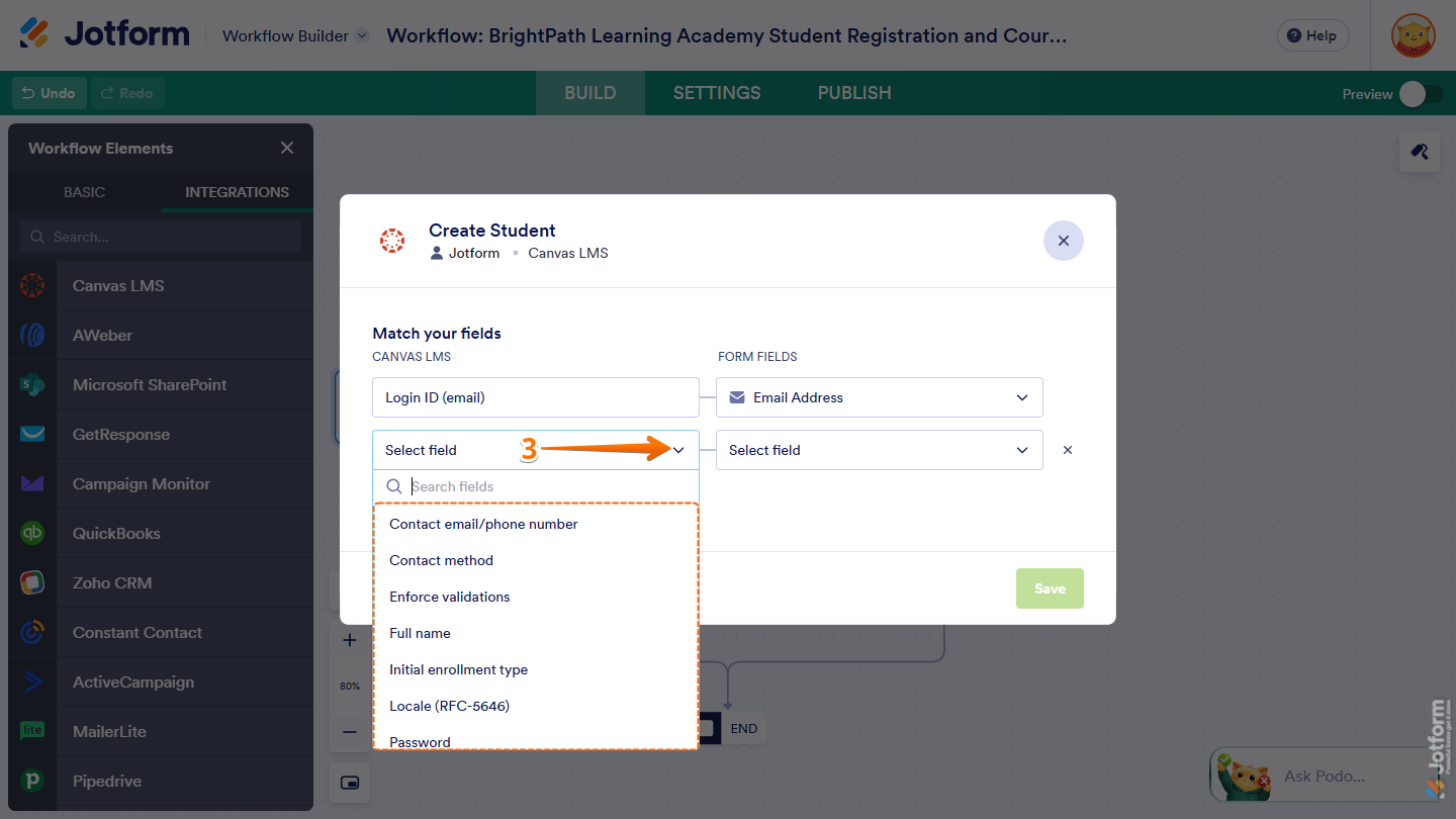 Additional Dropdown menu in the Canvas LMS column under the Match Your Field section of the Create Student window of Canvas LMS integration in Jotform Workflow Builder