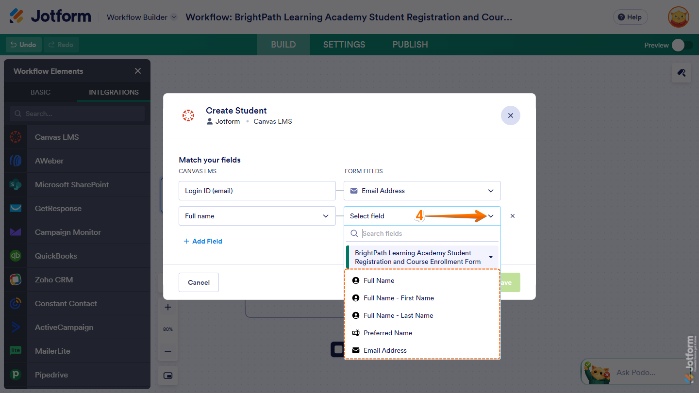 Another Dropdown menu in the Form Fields column under the Match Your Field section of the Create Student window of Canvas LMS integration in Jotform Workflow Builder