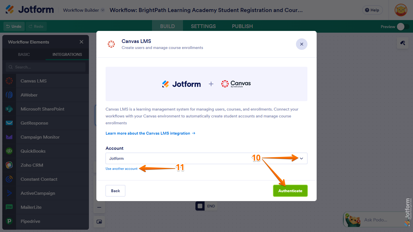 Authenticate button, Account Dropdown menu, and User Another Account option in Canvas LMS window in Jotform Workflow Builder