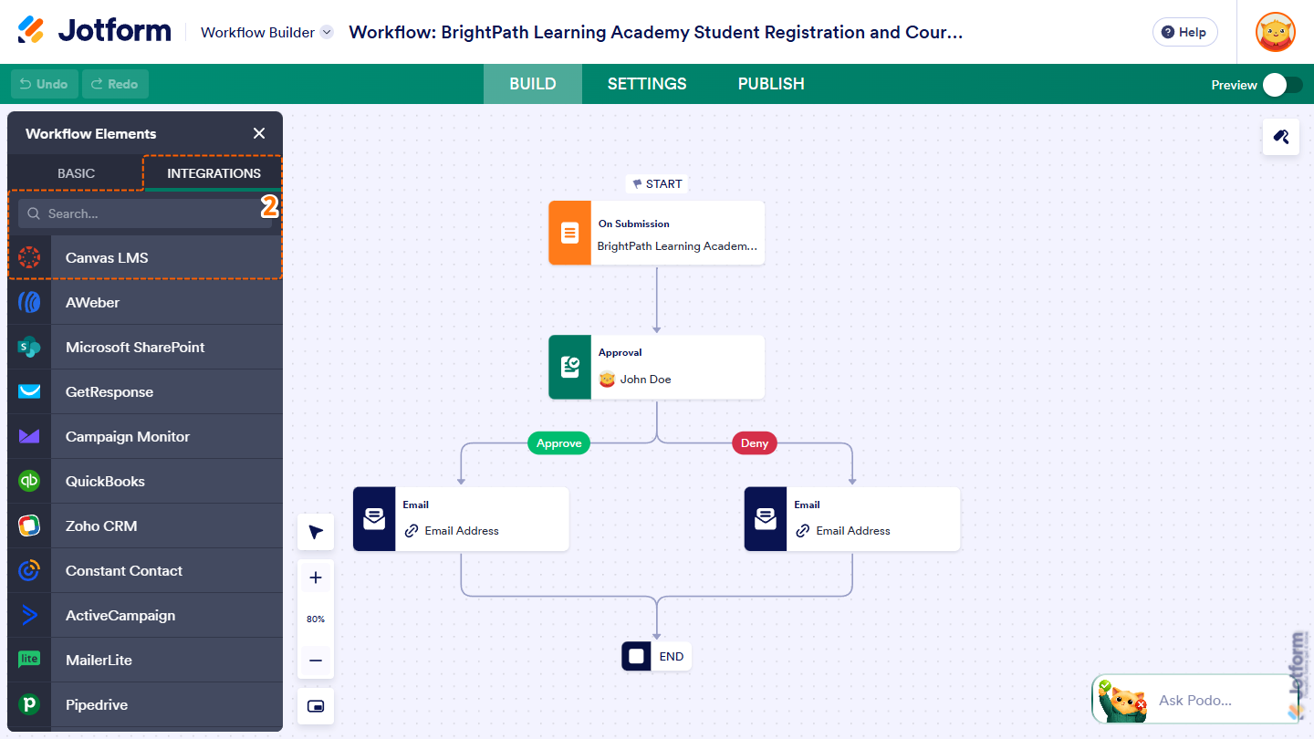 Canvas LMS under the Integration tab in Workflow Elements menu in Jotform Workflow Builder