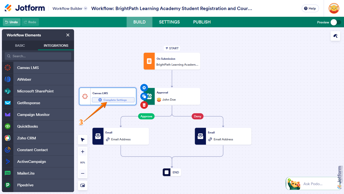 Complete Settings button on Canvas LMS element in Jotform Workflow Builder