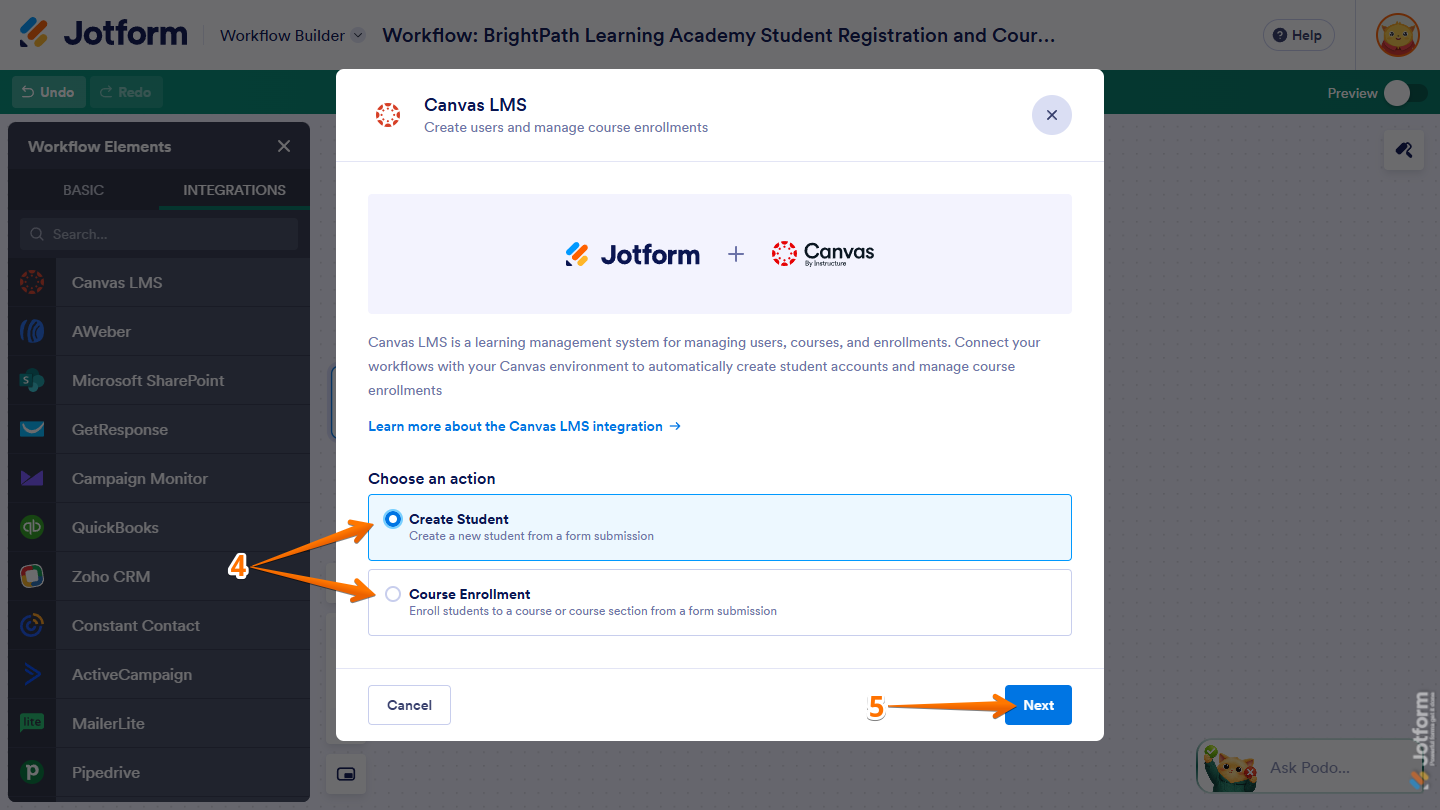 Choose Action options in the Canvas LMS window in Jotform Workflow Builder