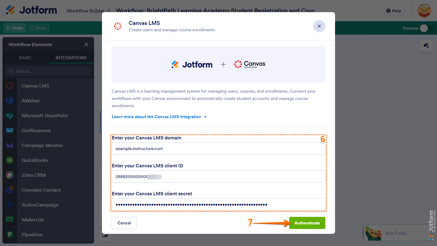 Authenticate button and Canvas LMS Domain, Client ID, and Client Secret in Canvas LMS window in Jotform Workflow Builder