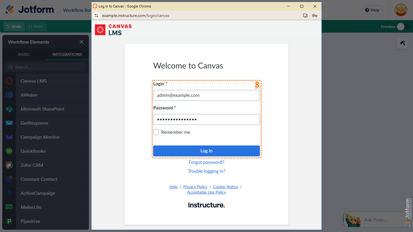 Log in to Canvas window in Jotform Workflow Builder