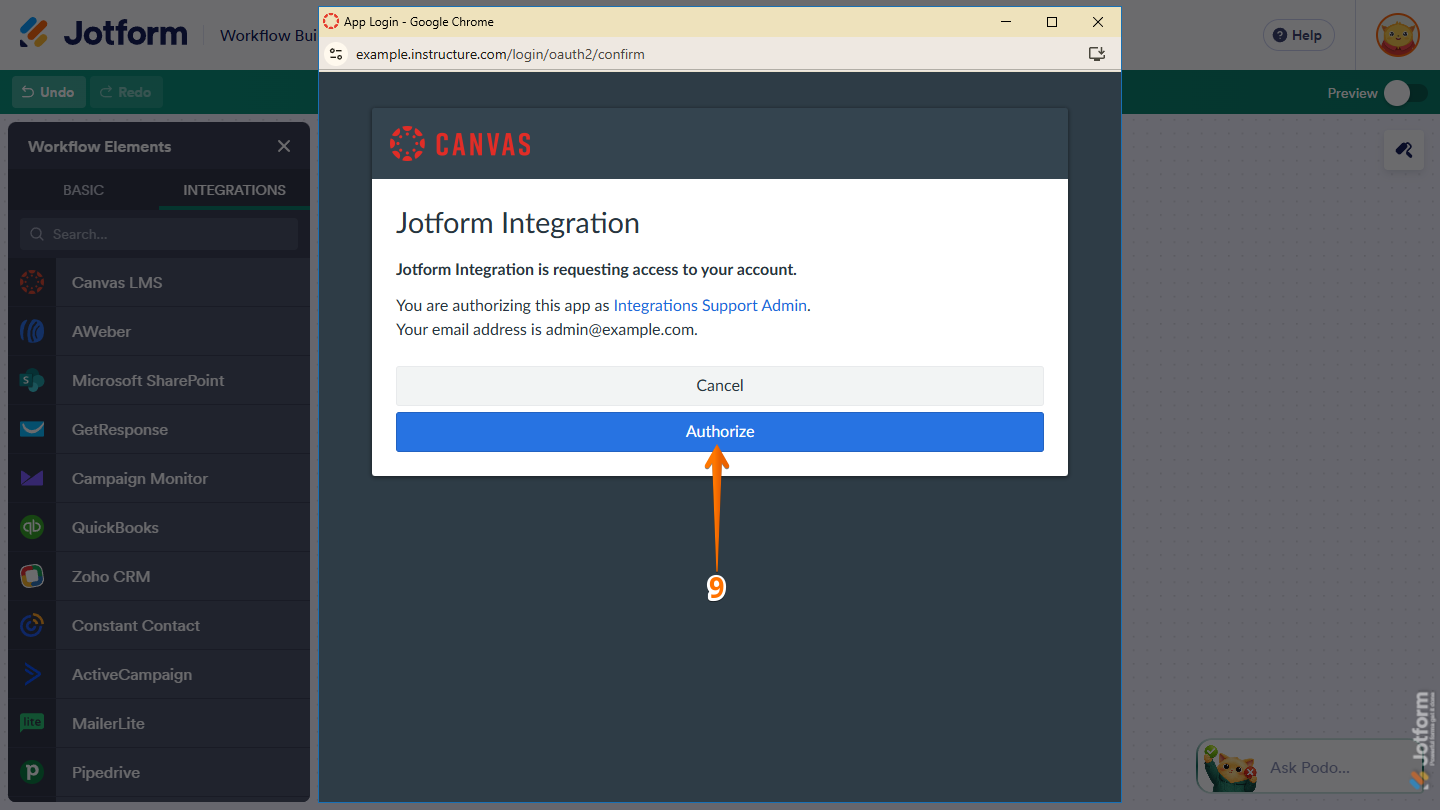 Authorize button in the Canvas App Login window in Jotform Workflow Builder