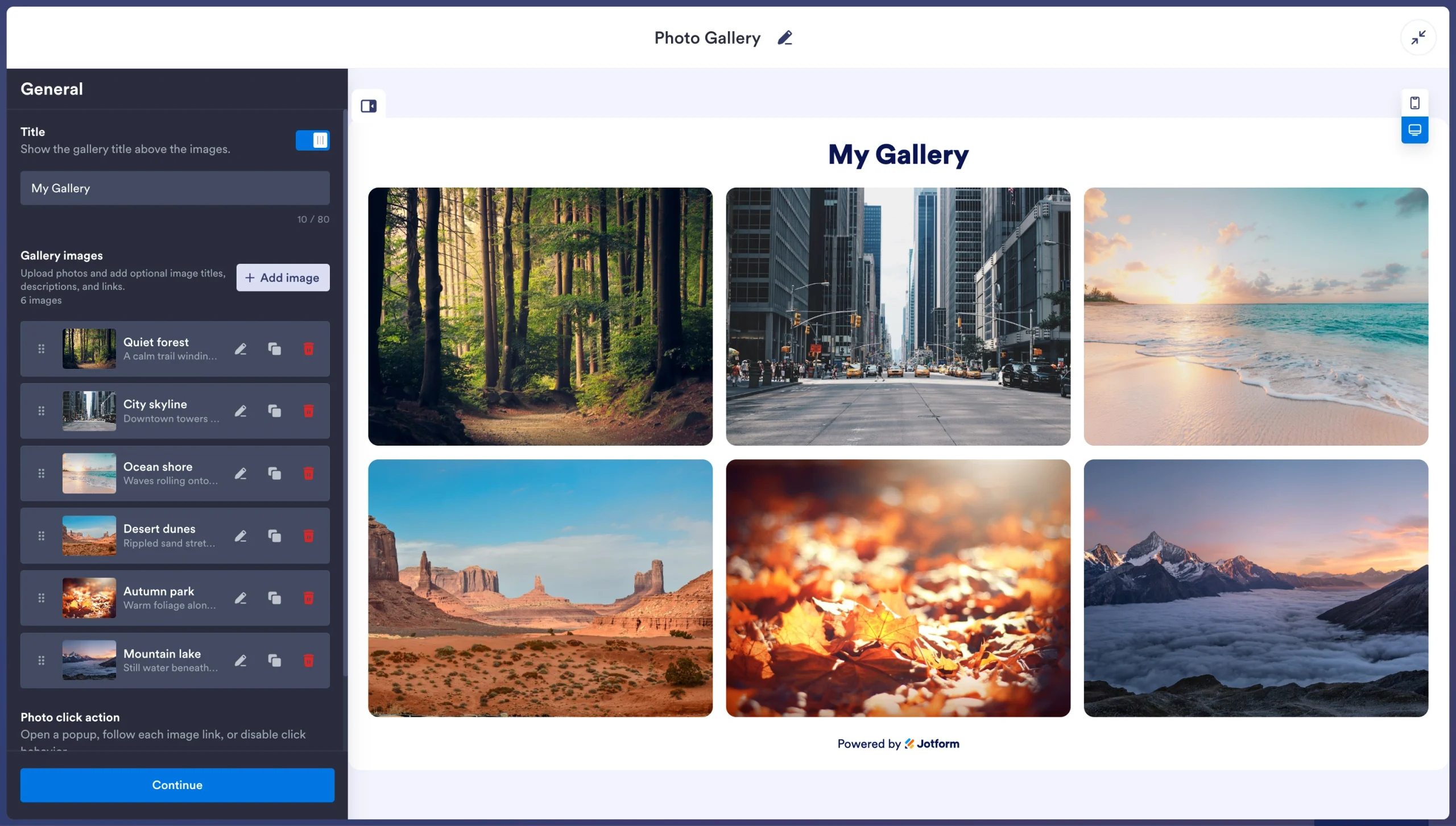 Jotform photo gallery builder displaying six landscape images with customization settings sidebar