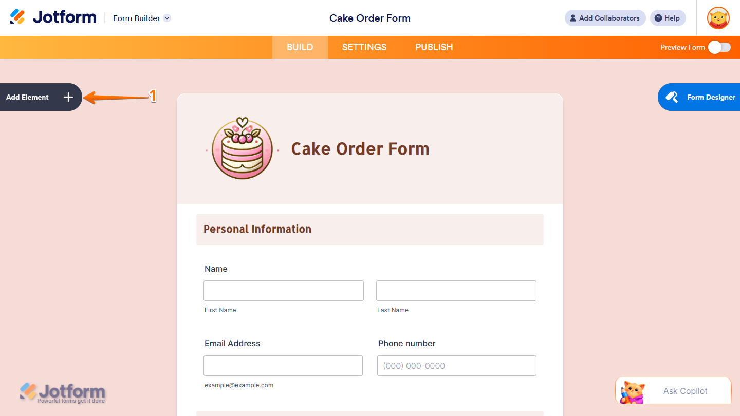 Add Element button in Jotform Form Builder