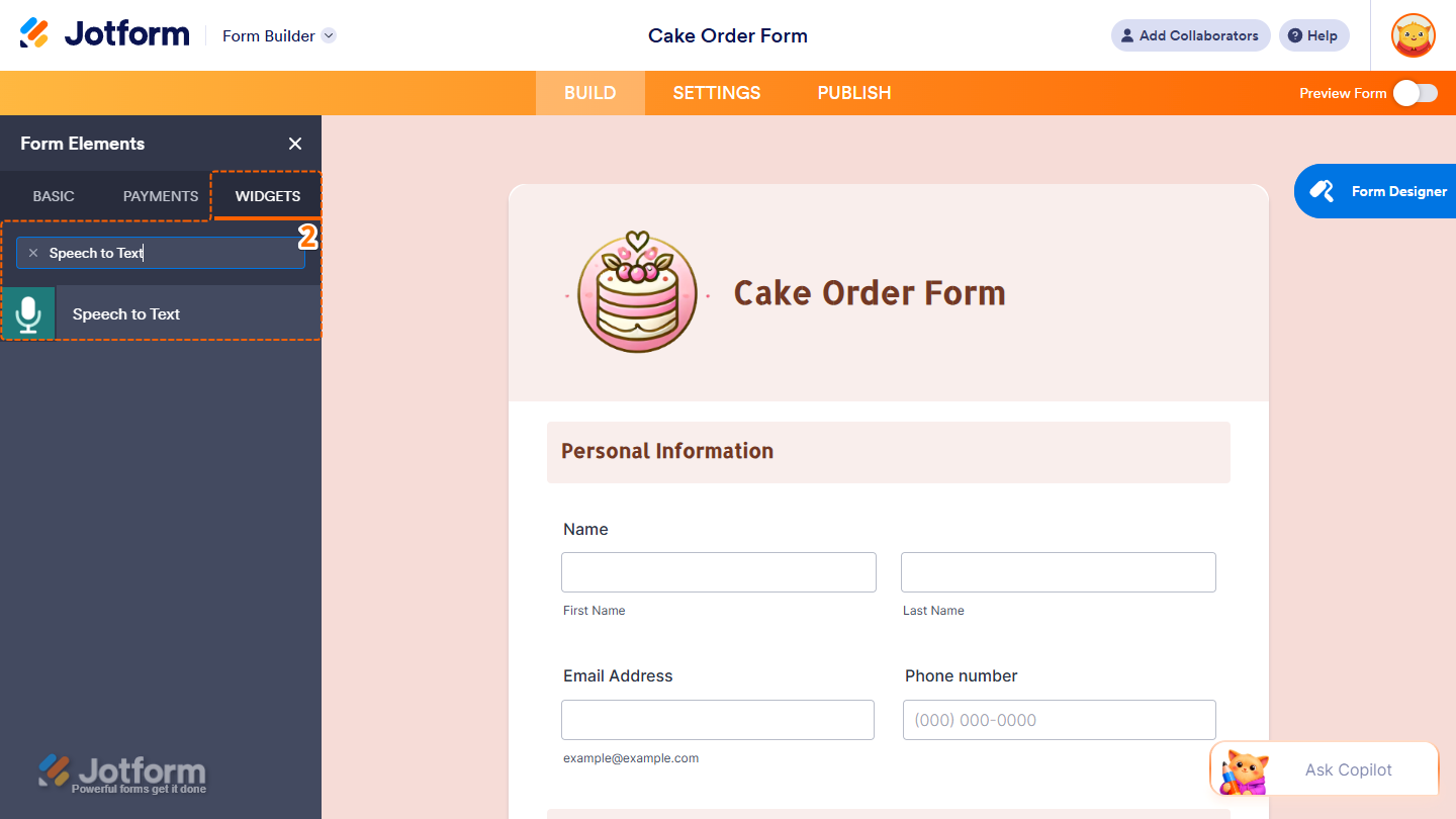 Speech to Text element under the Widgets tab of the Form Elements menu in Jotform Tables