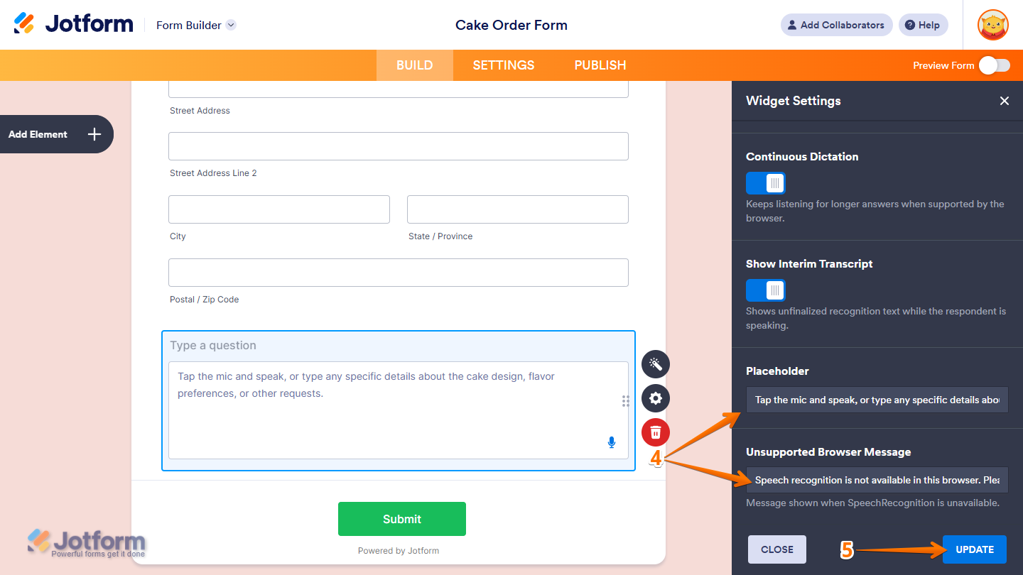 More settings and Update button under the General tab of the Speech to Text Widget Settings menu in Jotform Tables