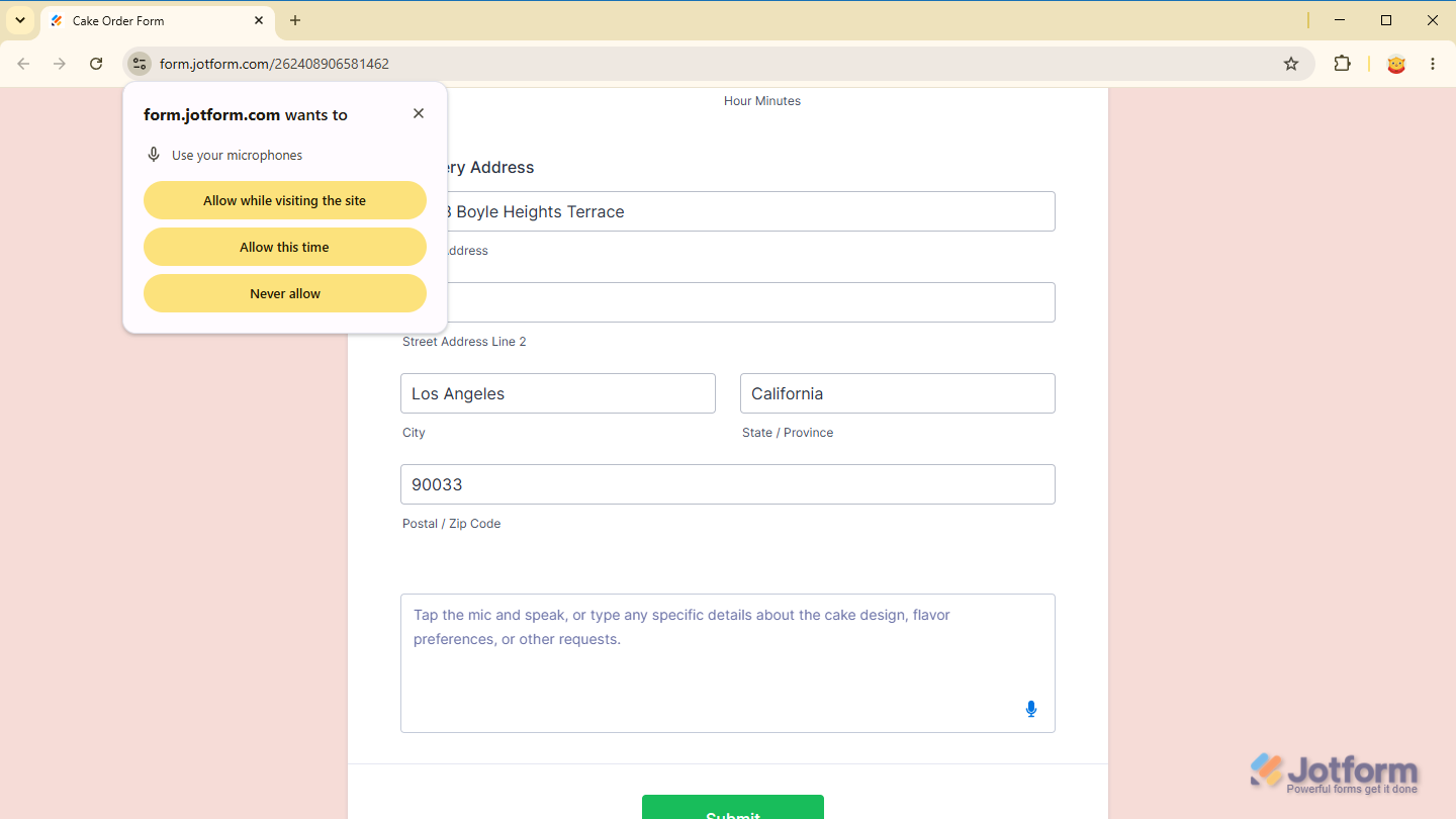 Microphone Access permission for the Speech to Text widget on a Jotform Demo Form