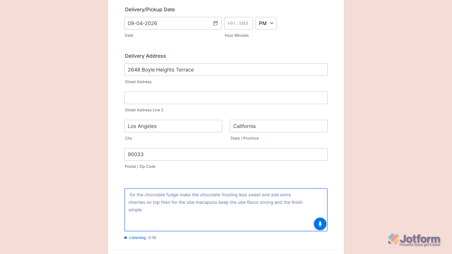 Transcribed texts in the Speech to Text widget on a Jotform Demo Form