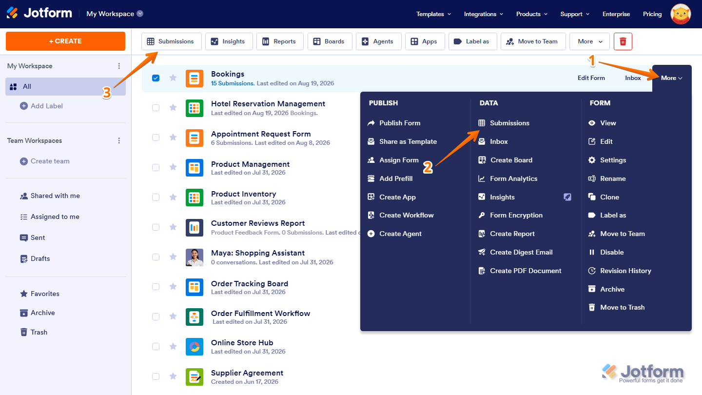 Jotform Workspace page showing a form’s More dropdown menu with Submissions under the Data section, along with the Submissions option in the top navigation for accessing form responses