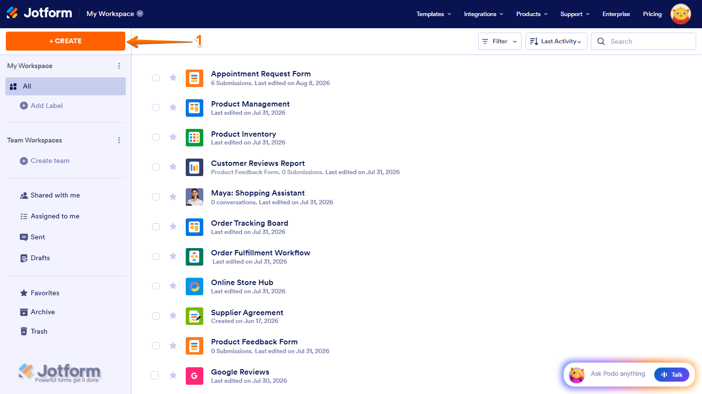 Jotform Workspace page with the Create button highlighted in the top-left corner for starting a new form, app, or other Jotform project
