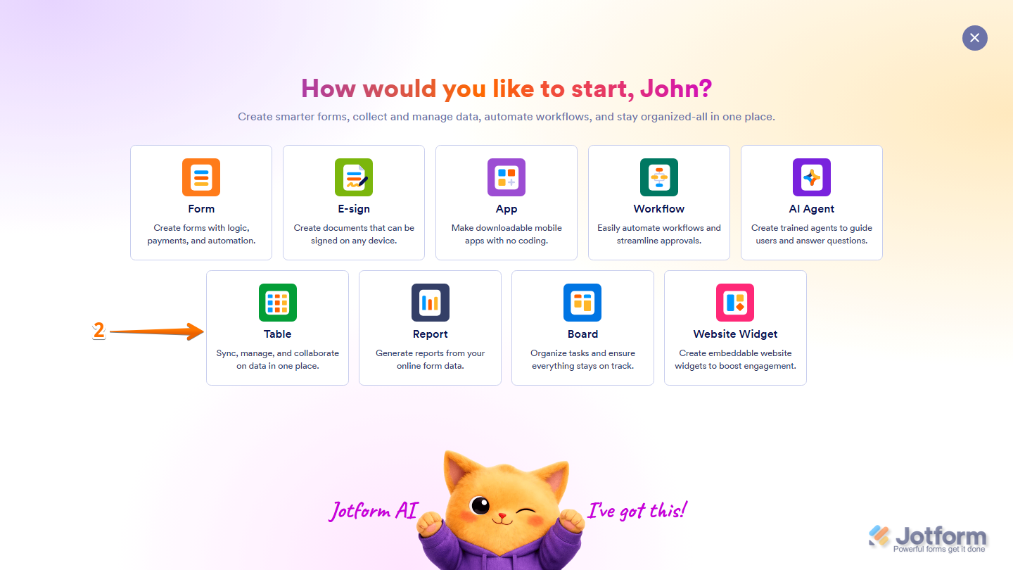 Jotform Workspace Create menu open with the Table option highlighted for creating a new table