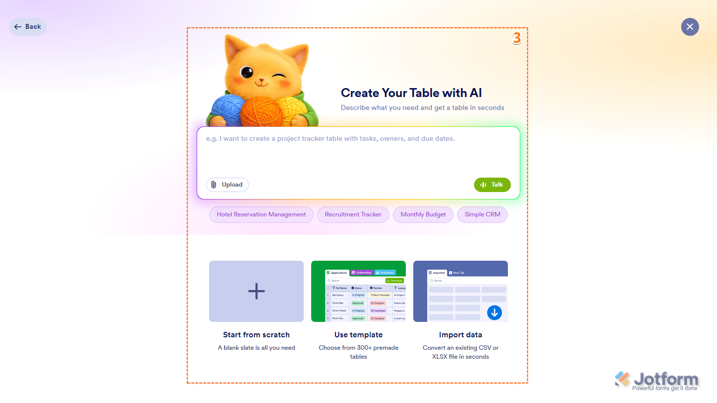 Jotform Table creation screen showing options to Create your Table with AI, Start from scratch, Use template, or Import data from a CSV or XLSX file