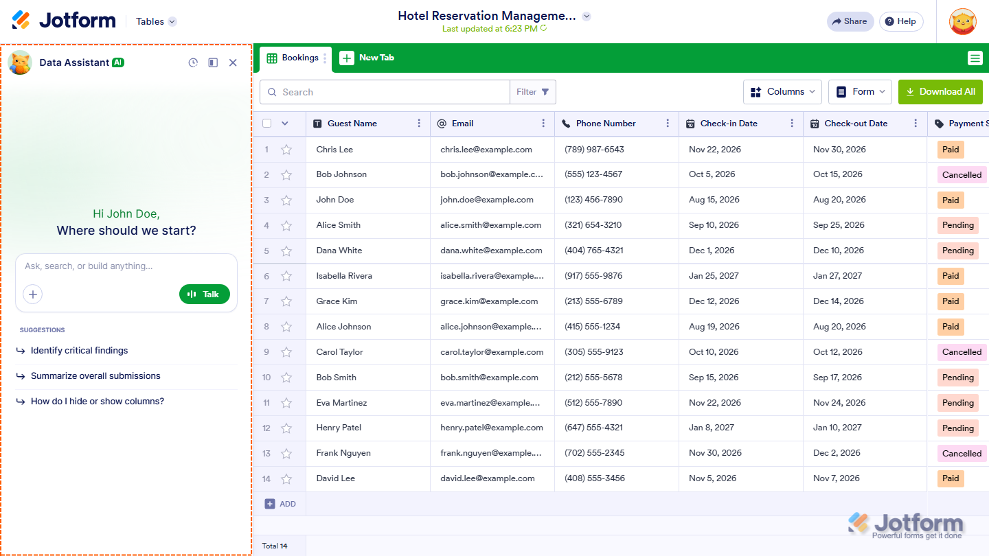 Jotform Table interface showing the AI Data Assistant panel automatically opened on the left side after the table is created