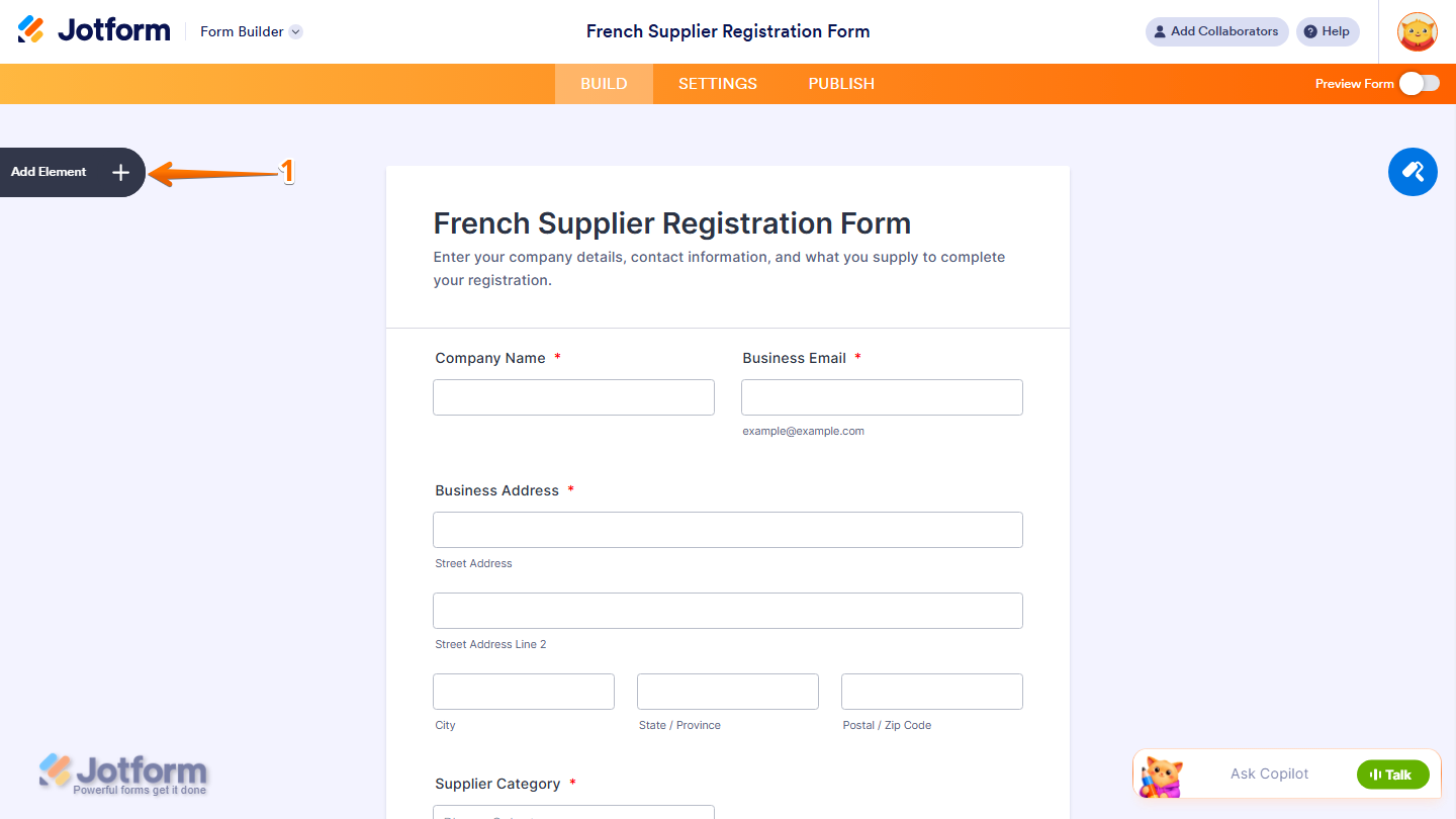 Jotform Form Builder with the Add Element button visible on the left side of the page for adding a new form element