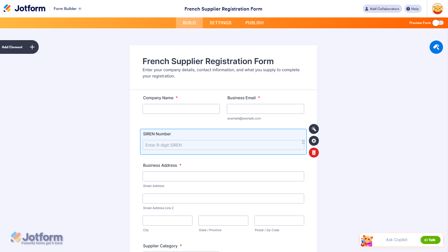 Jotform Form Builder showing the successfully added and configured French SIREN Validator widget, ready to validate French company information on form submissions