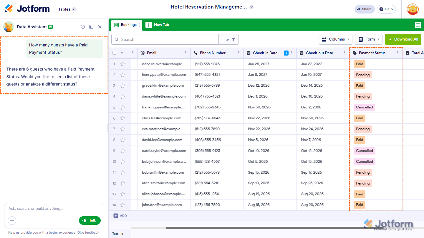 Jotform AI Data Assistant showing example prompts for analyzing and summarizing submission data, including counting guests by attendance or payment status, calculating average totals, and identifying the most common attendance type