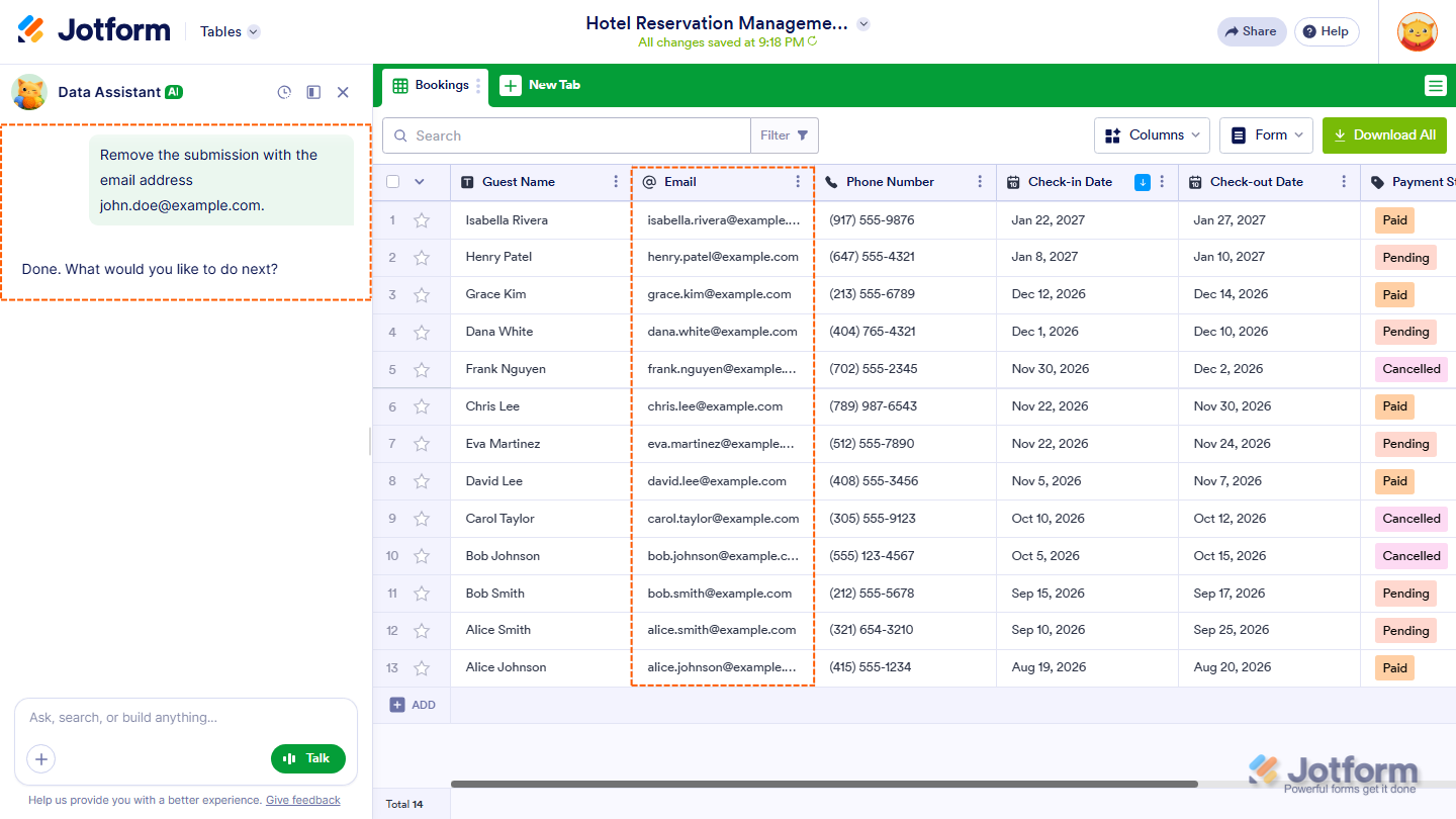 Jotform AI Data Assistant showing example prompts for deleting specific submissions from a Table, including removing records by name, status, email address, duplicates, or department
