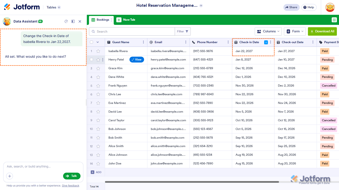 Jotform AI Data Assistant showing example prompts for editing Table submissions, including updating attendance type, payment status, department, registration status, and event dates