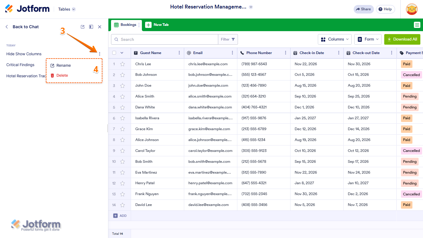 Jotform AI Data Assistant chat history showing a chat with the Three Dots menu open, offering Rename and Delete options for managing the chat